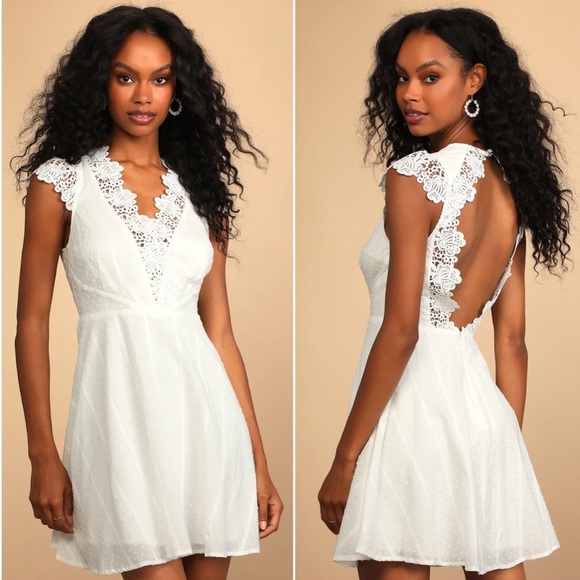 Lulu’s Believe in Dreams White Swiss Dot Lace Backless Skater Dress - Picture 1 of 12